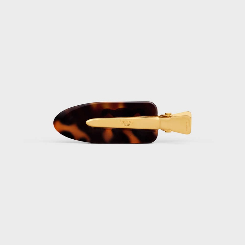 Celine Triomphe Flache Hair Clip In Dark Havana Acetate And Brass With Gold Finish And Steel Haarschmuck Gold | CL-592322