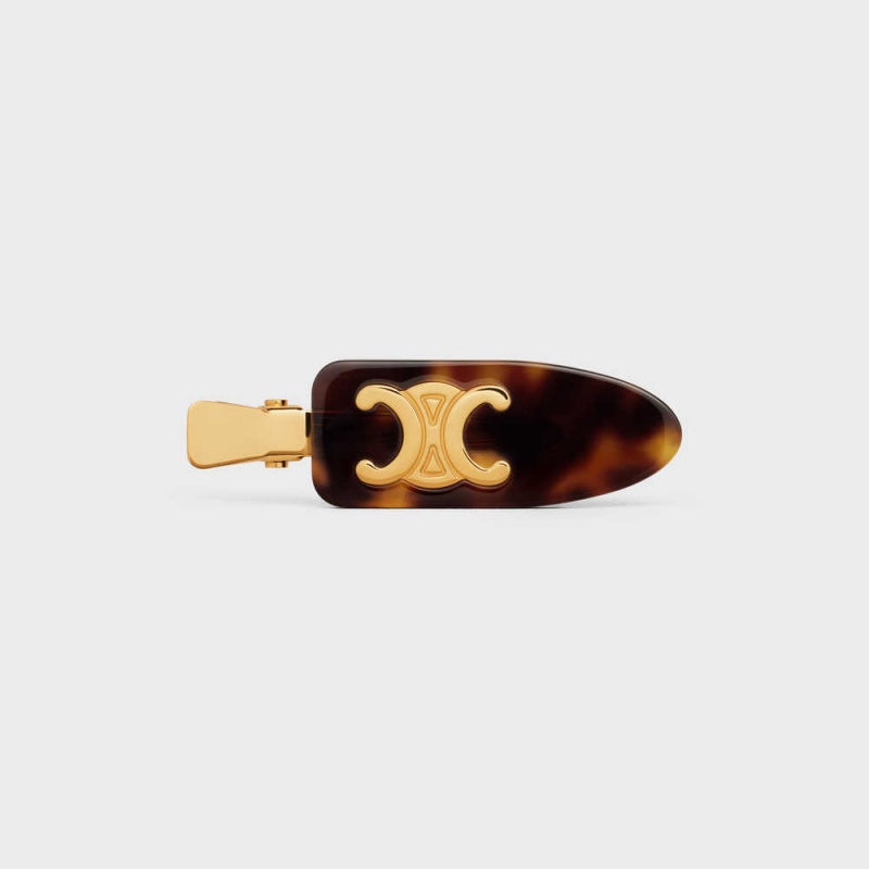 Celine Triomphe Flache Hair Clip In Dark Havana Acetate And Brass With Gold Finish And Steel Haarschmuck Gold | CL-592322