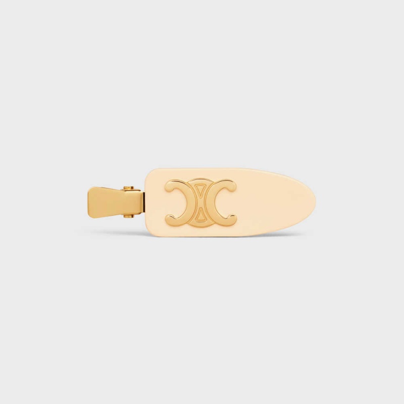 Celine Triomphe Flache Hair Clip In Vanilla Acetate And Brass With Gold Finish And Steel Haarschmuck Hellgelb Gold | CL-592323