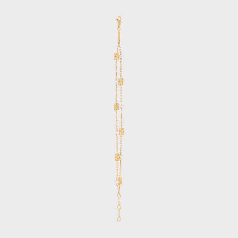 Celine Triomphe Pearl Double In Brass With Gold Finish And Resin Pearls Armbänder Gold Weiß | CL-592236