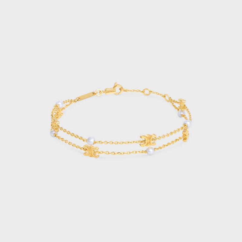 Celine Triomphe Pearl Double In Brass With Gold Finish And Resin Pearls Armbänder Gold Weiß | CL-592236