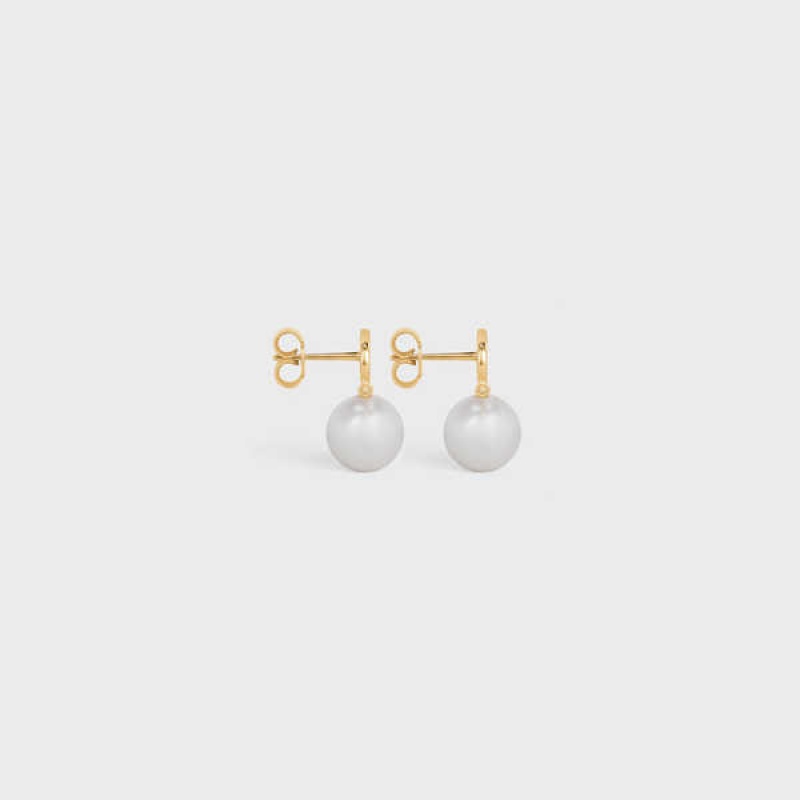 Celine Triomphe Pearl In Brass With Gold Finish And Glass Pearls Ohrringe Gold Weiß | CL-592298