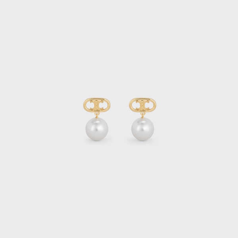 Celine Triomphe Pearl In Brass With Gold Finish And Glass Pearls Ohrringe Gold Weiß | CL-592298