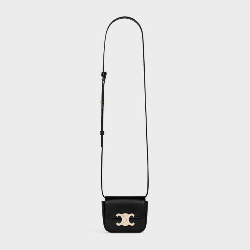 Celine Triomphe With Strass Closure In Shiny Calfskin Mini Taschen Schwarz | CL-593012