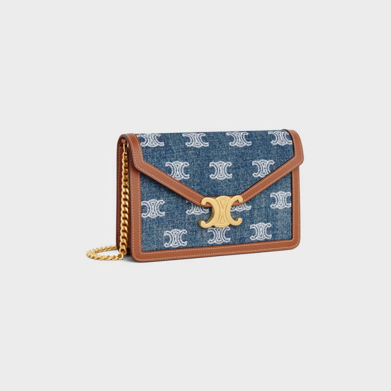 Celine Wallet On Chain Triomphe In Denim With Triomphe All-over Embroidery And Calfskin Mini Taschen Navy Braun | CL-593027