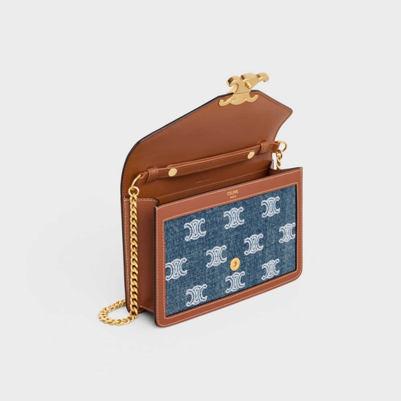 Celine Wallet On Chain Triomphe In Denim With Triomphe All-over Embroidery And Calfskin Mini Taschen Navy Braun | CL-593027