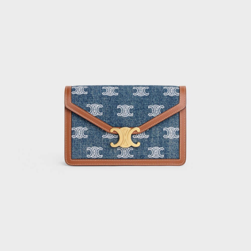 Celine Wallet On Chain Triomphe In Denim With Triomphe All-over Embroidery And Calfskin Mini Taschen Navy Braun | CL-593027