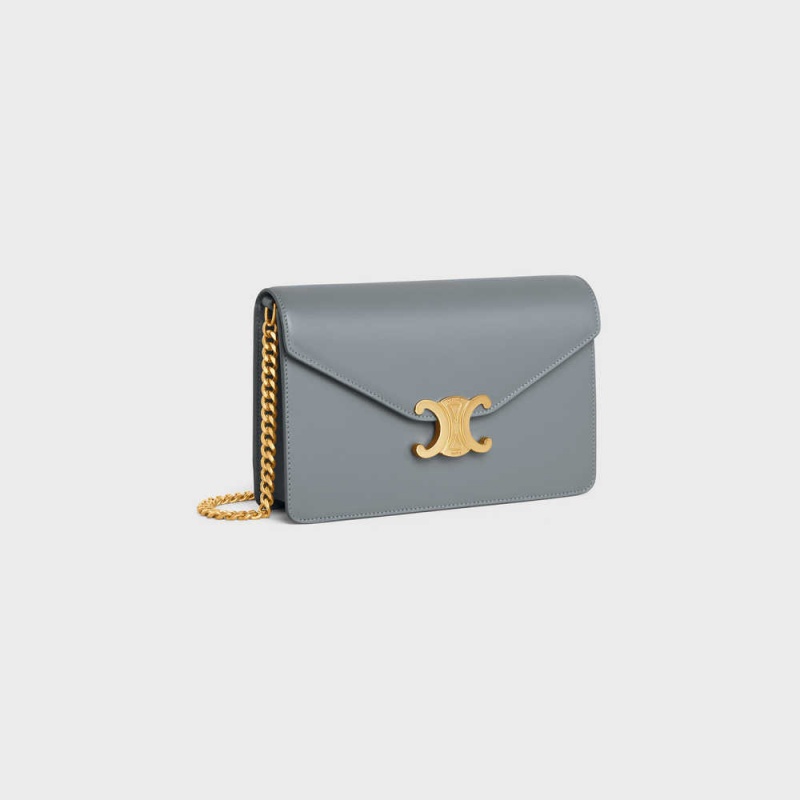 Celine Wallet On Chain Triomphe In Shiny Calfskin Mini Taschen Blau Grau | CL-593022