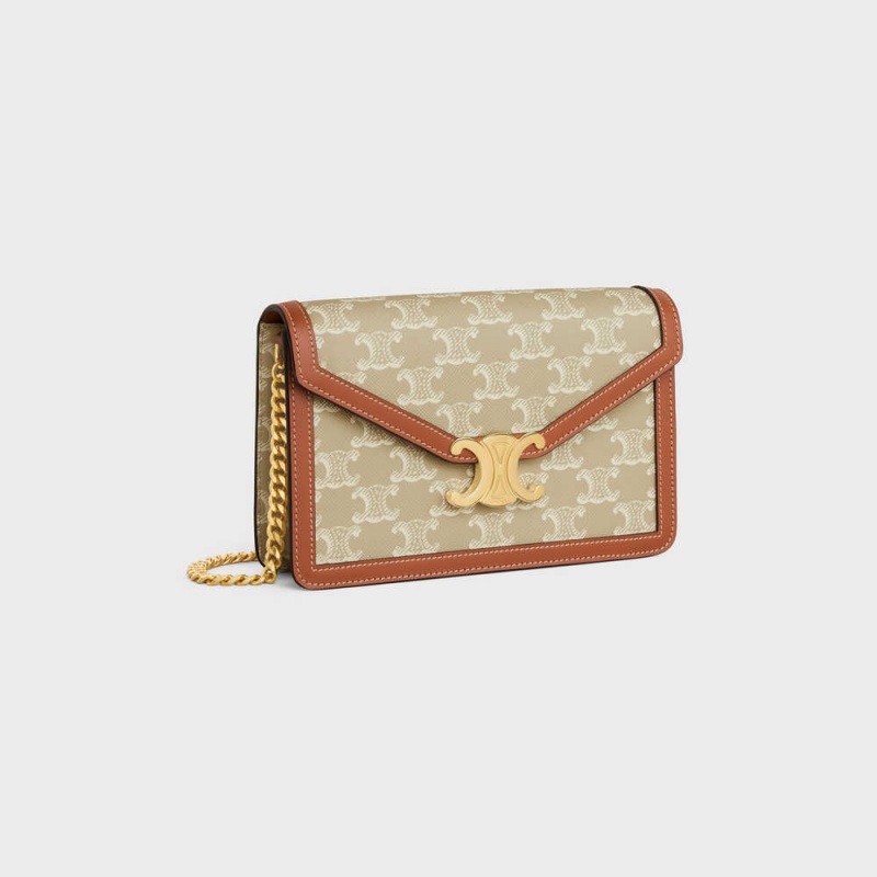 Celine Wallet On Chain Triomphe In Triomphe Canvas And Calfskin Mini Taschen Beige | CL-593026