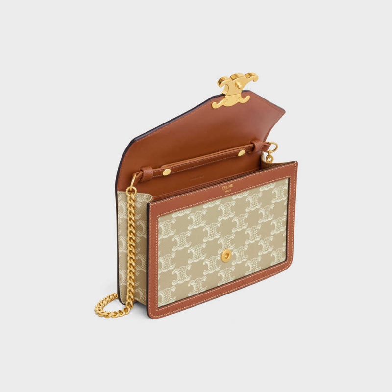 Celine Wallet On Chain Triomphe In Triomphe Canvas And Calfskin Mini Taschen Beige | CL-593026