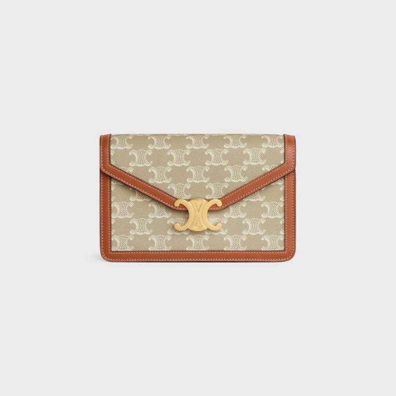 Celine Wallet On Chain Triomphe In Triomphe Canvas And Calfskin Mini Taschen Beige | CL-593026