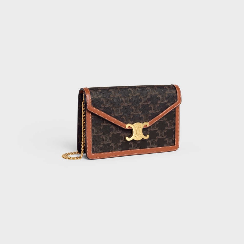 Celine Wallet On Chain Triomphe In Triomphe Canvas And Calfskin Mini Taschen Braun | CL-593025