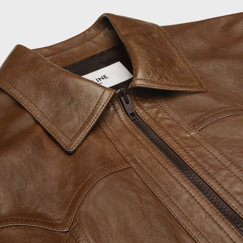 Celine Western Blouson In Wax-effect Leather Braun | CL-591922