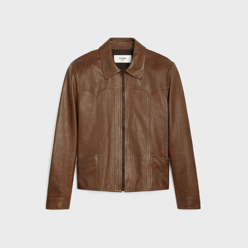 Celine Western Blouson In Wax-effect Leather Braun | CL-591922