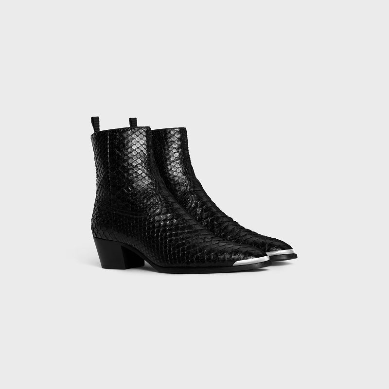 Celine Western Isaac With Metal Kappe In Shiny Python Stiefel Schwarz | CL-591861